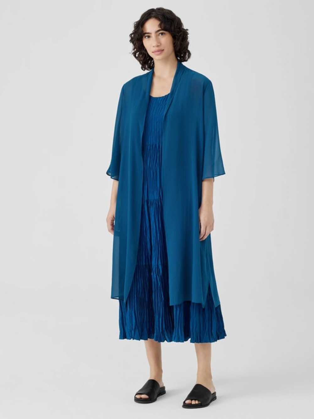 Eileen Fisher Sheer Silk Georgette High Collar Jacket Blue Size M